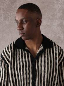 SUMWON Designer Crochet Stripe Pattern Short Sleeve Collared Polo Sweater, Retro Vintage Style Spring Summer Knit Top, Casual Everyday Wear - Black and White - View 3