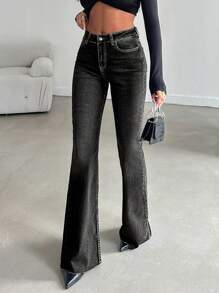 EURMUSE Của phụ nữ màu trơn Đơn giản Denim Quần jean - Màu xám đen - Xem 6