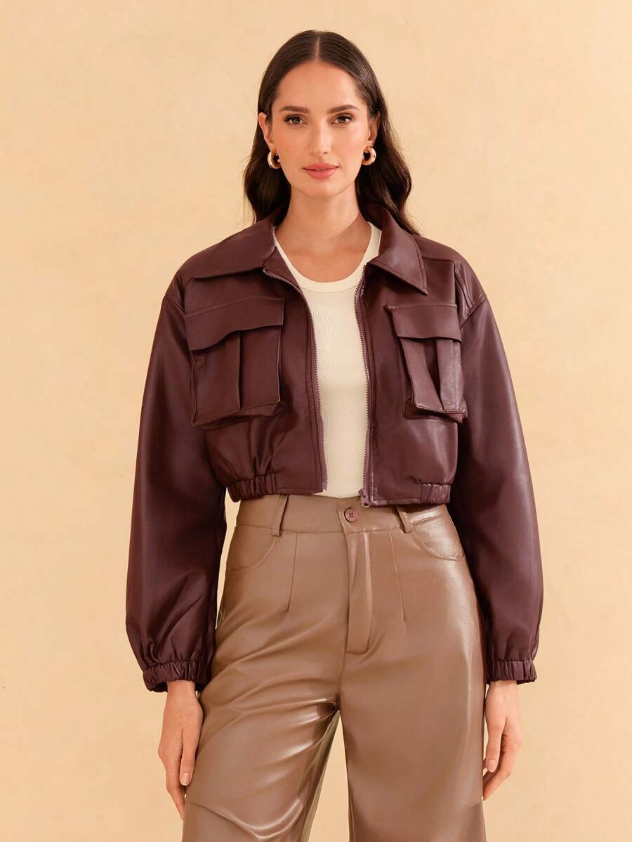 SHE(IN) BRASIL Flap Pocket Drop Shoulder PU Leather Coat - Brown - View 1