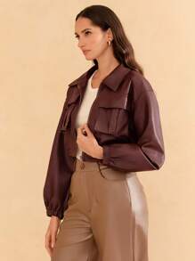 SHE(IN) BRASIL Flap Pocket Drop Shoulder PU Leather Coat - Brown - View 4