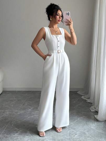 Elenzga Women's Elegant Buttoned Waist Jumpsuit, Summer New Arrival