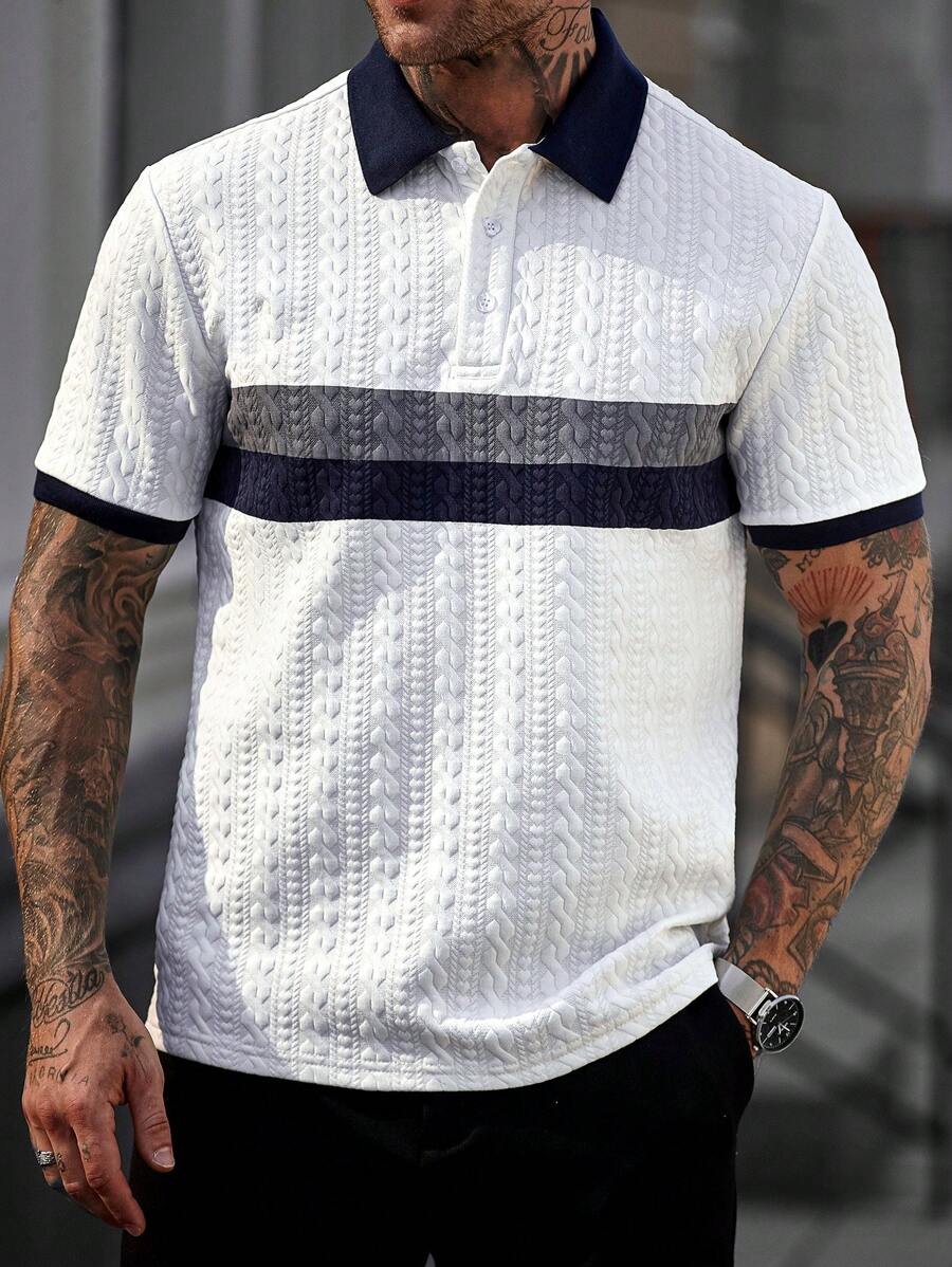 Manfinity CasualCool 男士短袖拼色 Polo 衫，夏季时尚 - 白色 - 查看 1