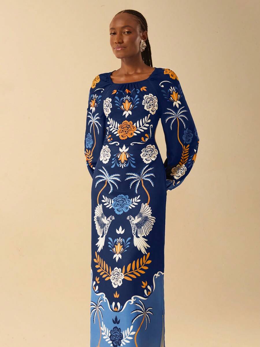 CAJUNI Vestido de estilo vacacional con espalda descubierta, tirantes con lazo y estampado tropical de árboles de coco, loros y plantas, manga larga, para mujer
