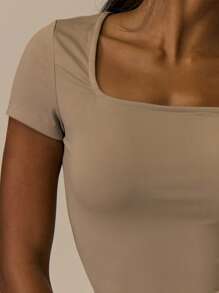 MUSERA ESSENTIALS Snatched Scoop Capped Sleeve T Shirt Basic Spring Summer Casual - Khaki - View 4