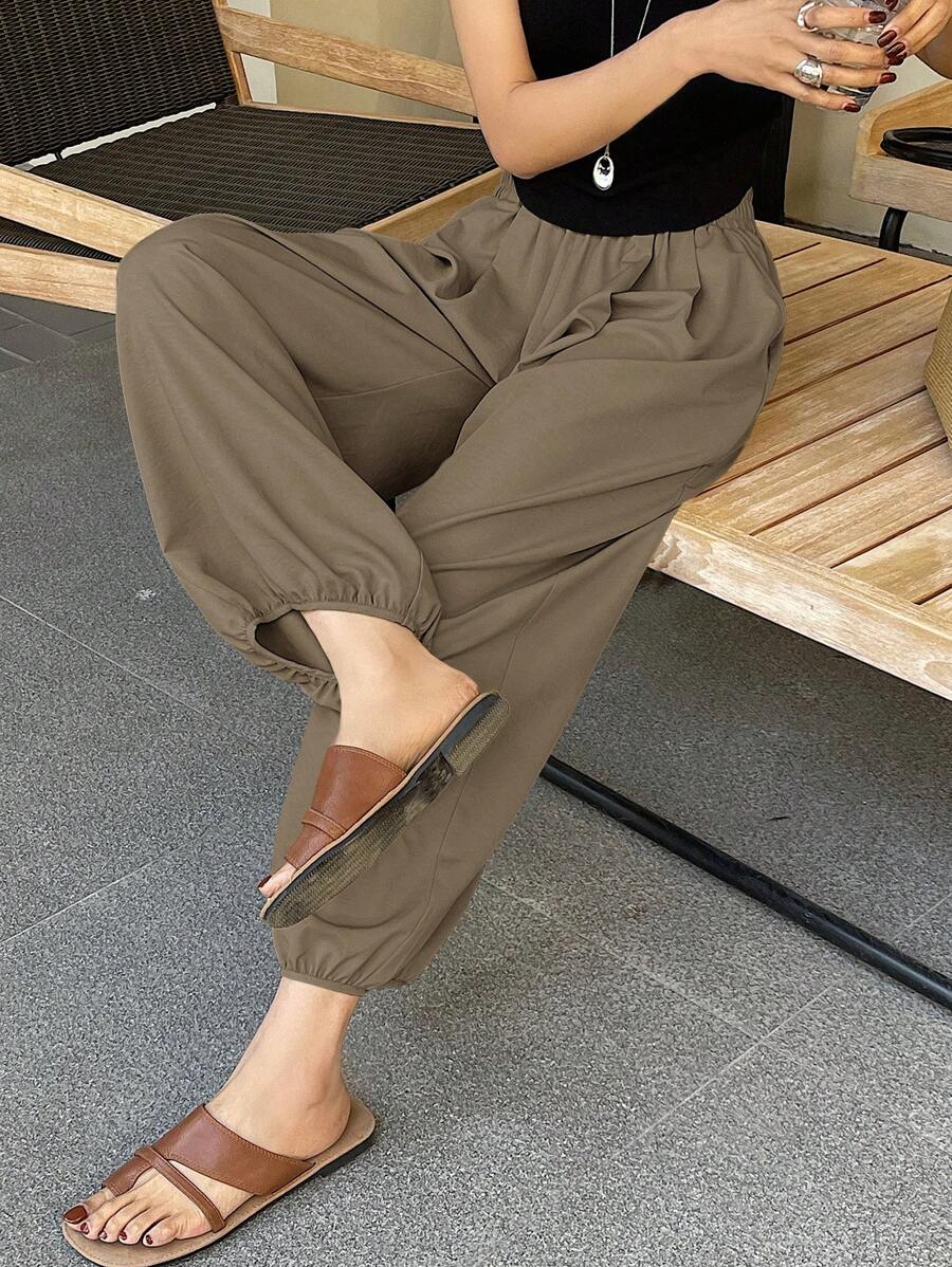 Livesso Petite 女款時尚極簡純色百褶休閒長褲,適合日常穿著,夏季款 - 卡其色 - 查看 1