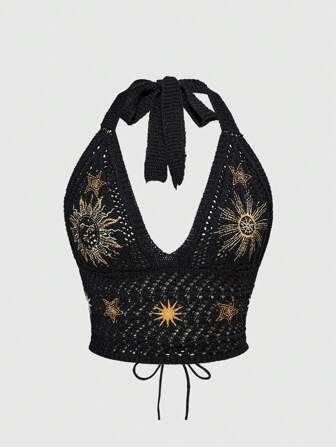 Hippie Women's Hippie Bohemian Style Embroidery Moon And Star Graphic Blouse