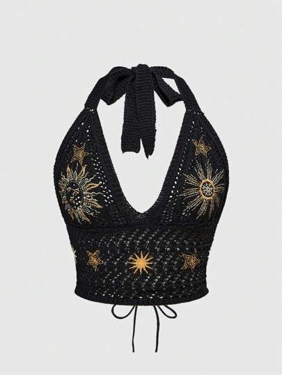 Hippie Blusa con bordado de luna y estrella, estilo hippie bohemio para mujer