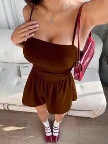 Flirla 1 pièce Combinaison décontractée noire pour femmes, avec coupe slim, sans manches, avec plis, pour le printemps/l'été - Tabac - Voir 6