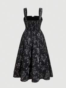 SHEIN MOD Schwarzes vintage bedrucktes Maxi-Kleid mit ausgestelltem Saum und verstellbaren Trägern