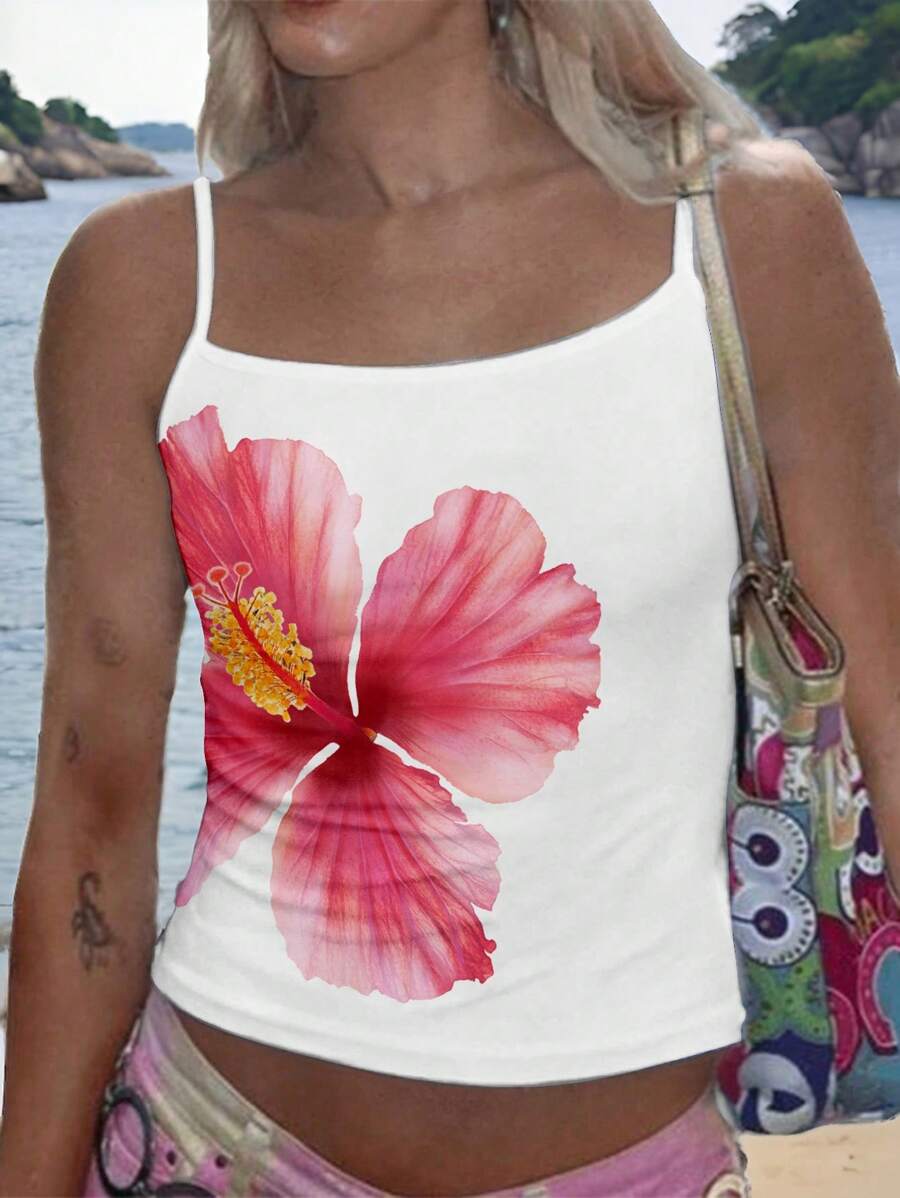 SHEIN EZwear Top/camiseta de tirantes de mujer con estampado floral, corte slim, adecuado para verano