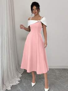 Elenzga Women's Asymmetrical Neckline Color Block Midi Dress