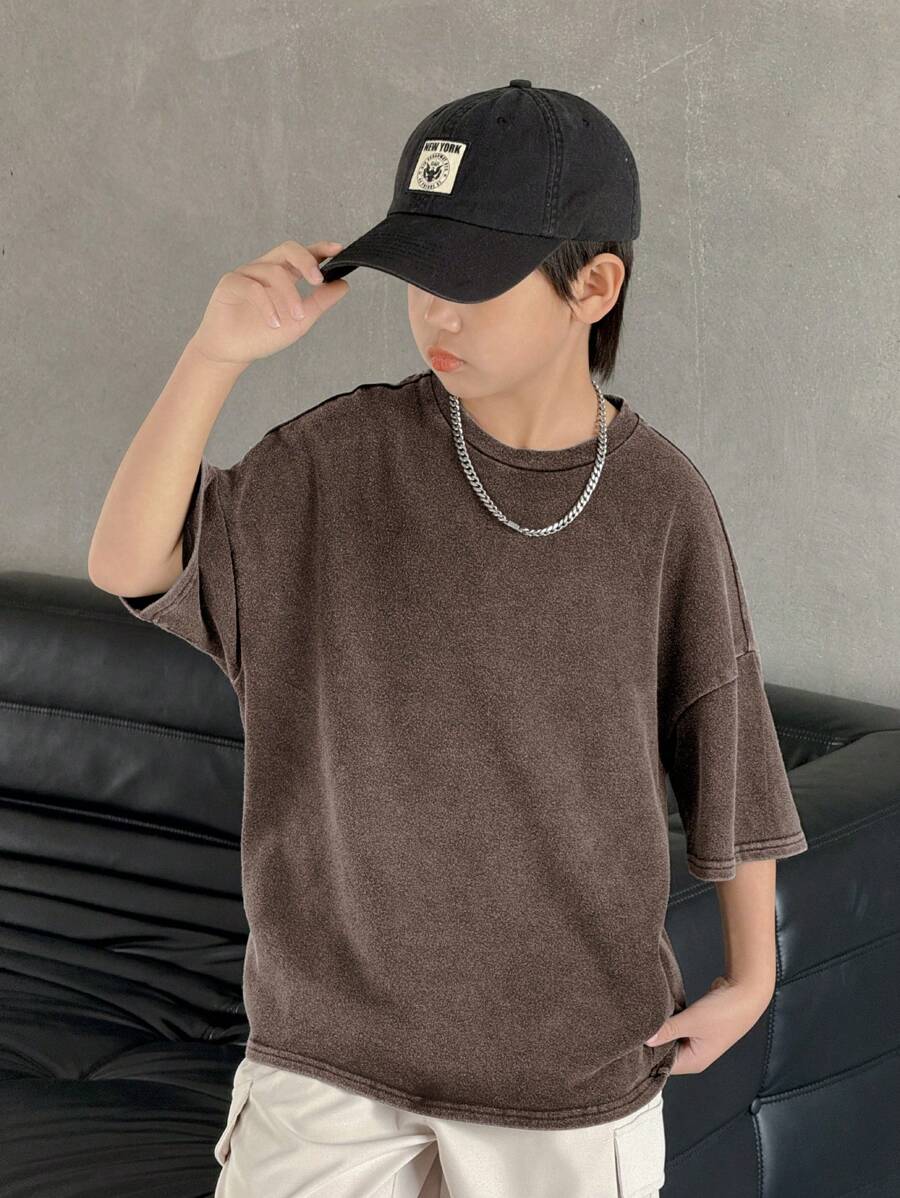 SHEIN 青少年男童休闲水洗色超大圆领宽松短袖针织 T 恤,适合学校、花园、海滩、生日、春季、夏季、秋季、冬季 - 棕色 - 查看 1