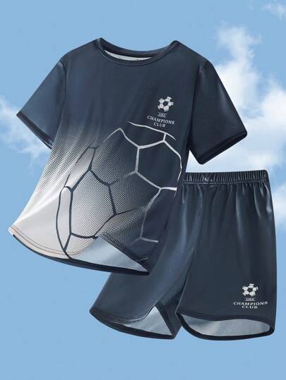 SHEIN 2pcs/Set Teen Boys Graphic Soccer Pattern Round Neck Short Sleeve T-Shirt And Shorts Sports Outfit, Spring/Summer