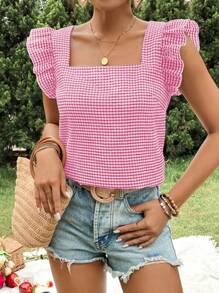 SHEIN VCAY Plus Size Casual Plaid Cap Sleeve Blouse Ruffle Cute Top Summer Top Vacation Party - Hot Pink - View 7