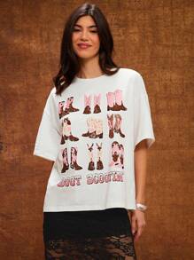 WESTFADE Camiseta de punto de manga corta con estampado de botas vaqueras y gráficos, corte holgado, para primavera y verano, ideal para vacaciones en Nashville
