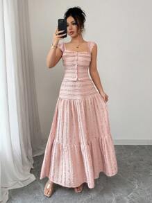 Rafferiza 2 件女士优雅甜美粉色提花针织纹理无领无袖前开衫和裙子套装，春夏 - 粉色 - 查看 5