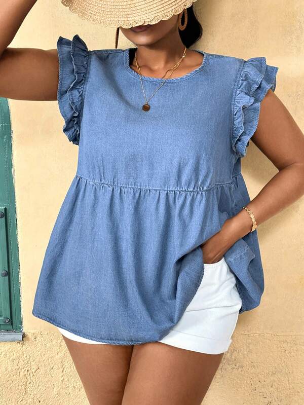SHEIN Lady Plus Size Denim Casual Top, Loose Blue Summer Vacation Cowgirl Western Wear Women Business Casual Woman Festival Airport Graduation Ibiza Beach Hawaii Concert Cruise Boho Cute Tops Cute Summer Tops Flowy Top Going Out Tops Women