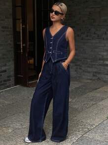 DAZY Women's Spring/Summer Denim Vest And Pants 2 Pieces Set - Blue - View 7