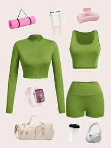 Slaydiva 女士三件套：休闲拉链立领长袖上衣、无袖短款背心和运动短裤 - B 女士绿色三件套服装 - 綠色 - 查看 2