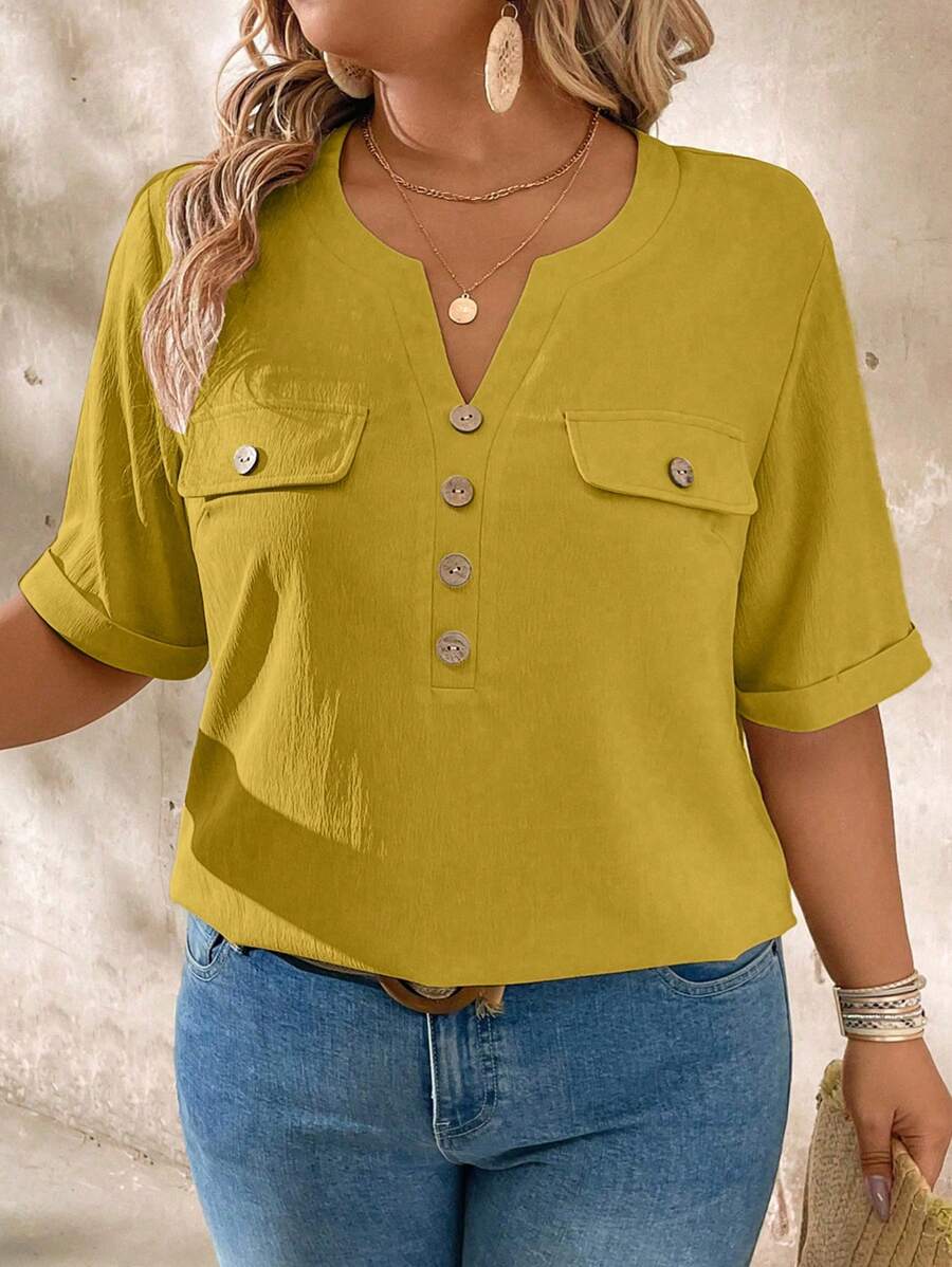 EMERY ROSE Plus Size Casual Daily Notch Collar Wood Button Decor Short Sleeve Shirt - Mustard Yellow - View 1