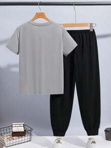 SHEIN 2pcs Tween Boy Casual Solid Color Letter Graphic Short Sleeve Crew Neck T-Shirt And Side Stripe Elastic Waist Pocket Shorts Set, Suitable For Spring, Summer, Autumn, Great For Outdoor Play, School, Street, Party And Home Leisure, High Cost-Effective - Grey - View 2