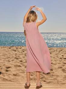 SHEIN Vestido casual suelto de unicolor, cuello redondo y sin mangas para niñas jóvenes