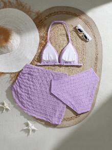 3pcs/Set Teen Girls Purple Texture Bikini Swimsuit Set  With Drawstring Beach Skirt - Purple - View 2