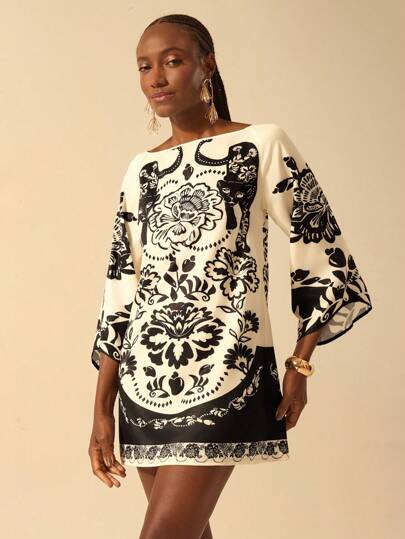 CAJUNI Women's Boho Vacation Style Black & White Leopard, Peony Floral Print V-Back Tie Loose Long Sleeve Casual Short Dress,Summer Dresses For Women