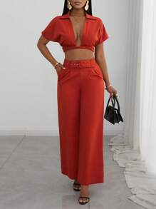 Slaydiva 2025 Summer New Style Mother's Day Birthday Party Graduation Season Student Wear Daily Outing Basic And Versatile Leisure Vacation Cruise Travel Beach Seaside Sunbathing Internet Celebrity Hot Style Elegant Commuter Business Casual Shirt Collar Twist Tie Cropped Ladies Top And Straight Pants Japanese Button Eyelet Belt Brick Red Summer Suit Ladies Two-Piece Suit - Redwood - View 1