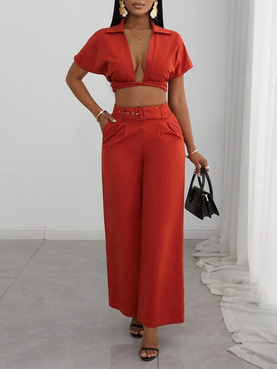 Slaydiva 2025 Summer New Style Mother's Day Birthday Party Graduation Season Student Wear Daily Outing Basic And Versatile Leisure Vacation Cruise Travel Beach Seaside Sunbathing Internet Celebrity Hot Style Elegant Commuter Business Casual Shirt Collar Twist Tie Cropped Ladies Top And Straight Pants Japanese Button Eyelet Belt Brick Red Summer Suit Ladies Two-Piece Suit - Redwood - View 1