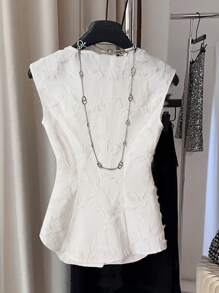 SHEIN Clasi Camiseta de mujer elegante de unicolor con textura y recortes - Blanco - Ver 2