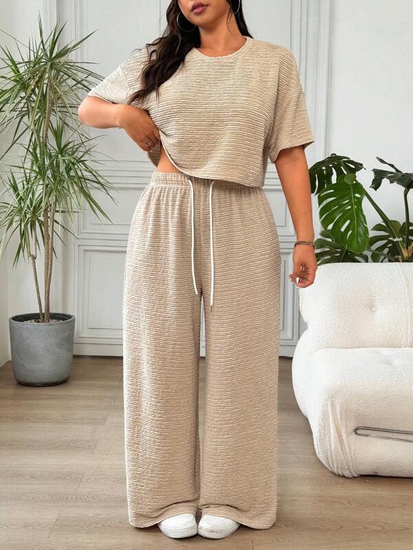 Solflare 2pcs Plus Size Women Apricot Dropped Shoulder Blouse And Drawstring Waist Pants Casual Suit