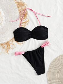 Swim Vcay Ladies' Spring/Summer Beach Black & Red Checkered Halter Neck High Cut Pants Backless Bikini Set - Multicolor - View 7