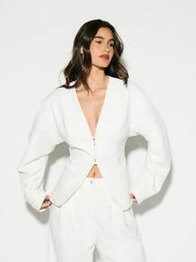 KIZN Elegant Office Formal Cropped Structured Blazer With Button Detail Professional Business Fall Winter Interview Statement White Sleek Set Minimalist Chic