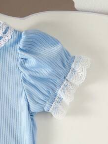 Baby Girl Blue Ribbed Cute Lace Frill Puff Sleeve Blouse, New Summer Collection 2025 - Blue - View 4