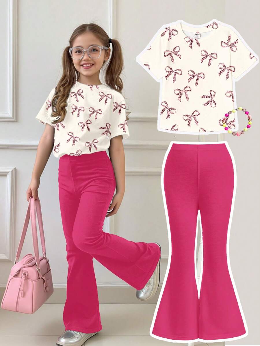 SHEIN 2 件套年轻女孩休闲卡通设计圆领短袖上衣和喇叭裤套装，夏季 - 彩色 - 查看 1