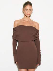 KIZN Vestido mini ajustado ceñido con hombros descubiertos, drapeado, de manga larga para fiestas, salidas nocturnas, invierno, otoño y ocasiones festivas - Café integral - Ver 4