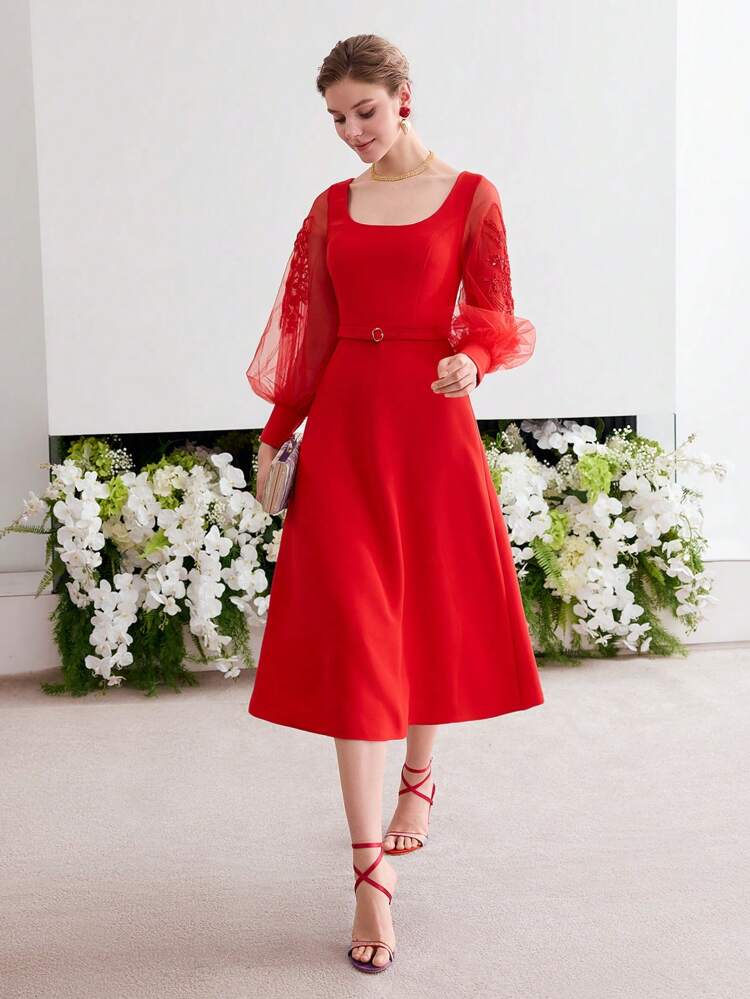 BEADS CONTRAST MESH COCKTAIL DRESS
