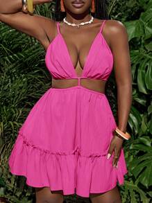 Slaydiva Nuevo vestido mini de mujer con rayas texturadas, cuello en V profundo, sin tirantes, sin cinturón, con espalda descubierta y volantes en el bajo, en naranja, para primavera y verano, de estilo casual y vacacional, dulce y sexy