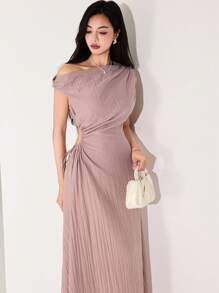 Heiryn Women's Elegant Commuter Lotus Pink Ruffle Asymmetric Neck Sleeveless Dress Summer Outfits For Women   Wedding Guest Dress Women  Off The Shoulder  Pink Dress - Dusty Pink - View 6