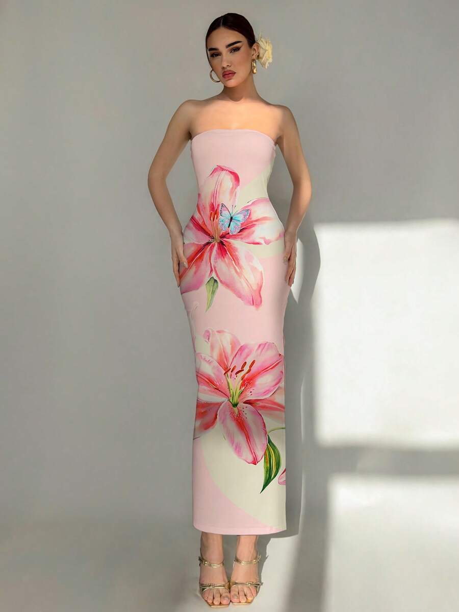 Aloruh Vestido estampado de lirios y con tirantes ajustados, elegante para vacaciones, adecuado para playa / resort / citas elegantes y románticas / Día de San Valentín / festivales de música - Rosa - Ver 1