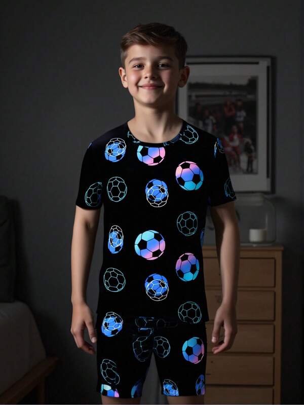 2pcs/Set Boys Glow-In-The-Dark Football Print Black Casual Crew Neck Short Sleeve Top & Leggings Pajama Set