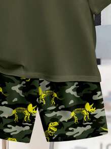 SHEIN Conjunto casual de 2 piezas de niño preadolescente con camiseta de manga corta con estampado de dinosaurio de dibujos animados y pantalones cortos, adecuado para el verano