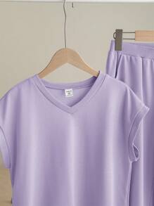 SHEIN Tween Girls Ribbed V-Neck Loose T-Shirt And Wide-Leg Pants Casual 2 Pieces Set - Mauve Purple - View 7