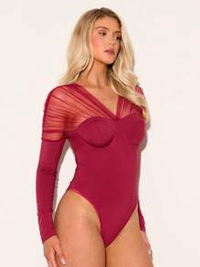 Glamine Women's Sexy See-Through Mesh Patchwork Bodysuit Fall Cloth For Women - Burgundy - View 7