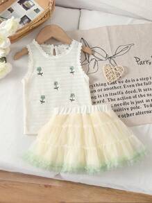 SHEIN 2 pezzi/Set Nuova estate per bambine Top a maglia canottiera e gonna tutu ricamata traforata, Abito da principessa alla moda con gonna ampia - Verde - Visualizzare 3