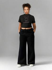 MISSGUIDED PLUS x Playboy 标志性兔子徽标短款 T 恤 Y2K 时尚街头服饰短袖运动高领休闲家居服针织宽松夏季春季运动休闲上衣 - 粉色 - 查看 3