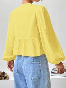 SHEIN EZwear Pale Yellow Woven Women's Lantern Sleeve Bowknot Shirt - Yellow - View 2