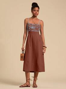 Travachic A-Line Hollow Out Vacation Leisure Embroidered Waist Cami Mid-Length Dress - Chocolate Brown - View 4