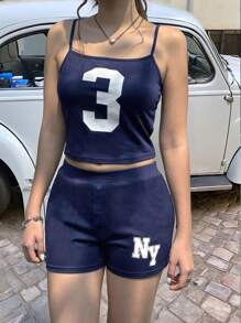 2pcs/Set Teen Girl Casual Minimalist Comfortable Versatile Letter Graphic Camisole And Shorts Set - Navy Blue - View 3